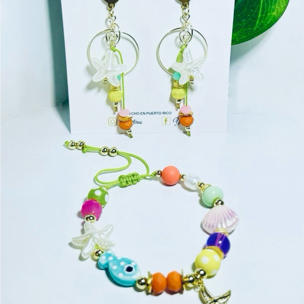 Green and Orange Whimsical Jewelry Set with Beads and Charms